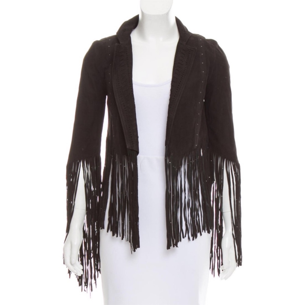 COOL REBECCA MINKOFF FRINGE-TRIMMED SUEDE JACKET !
